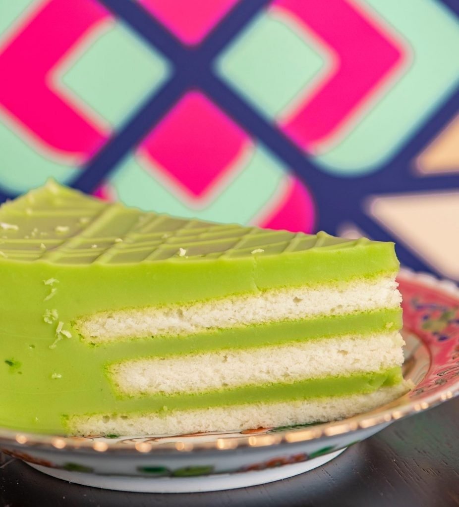 Close-up of a slice of Peranakan Kueh Salat from Tingkat PeraMakan