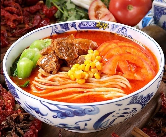 Close-up of a bowl of Chinese beef noodle soup from Western Mahua