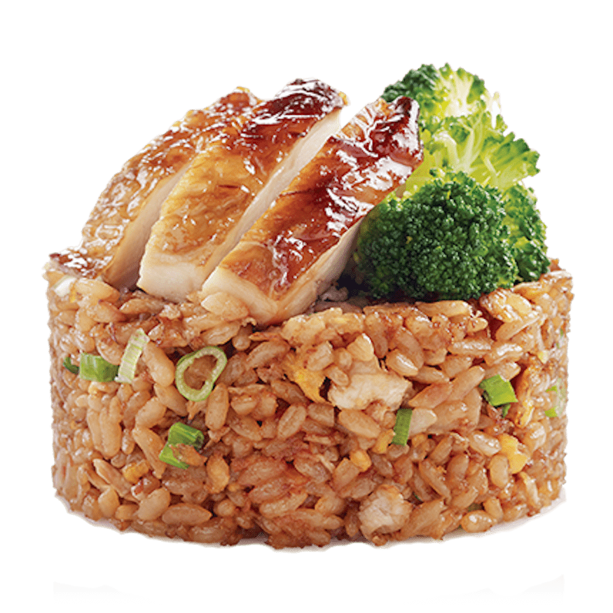 A molded portion of Wok Hey ARC's egg fried rice, topped with slices of glazed grilled chicken and fresh broccoli florets.