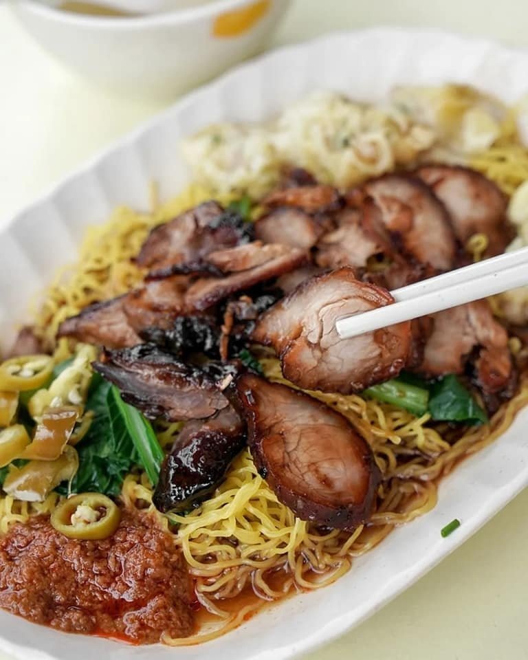 Close-up of a plate of wanton mee from Ah Wings Wanton Mee