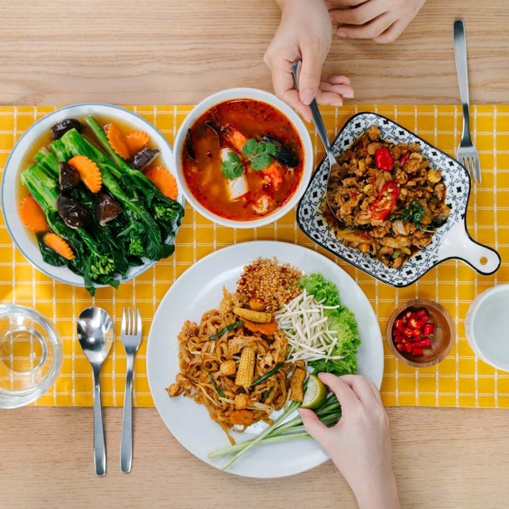 Overhead view of a Thai meal from Bali Thai