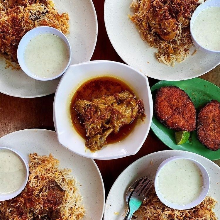Overhead view of a meal spread from Bismillah Biryani Restaurant