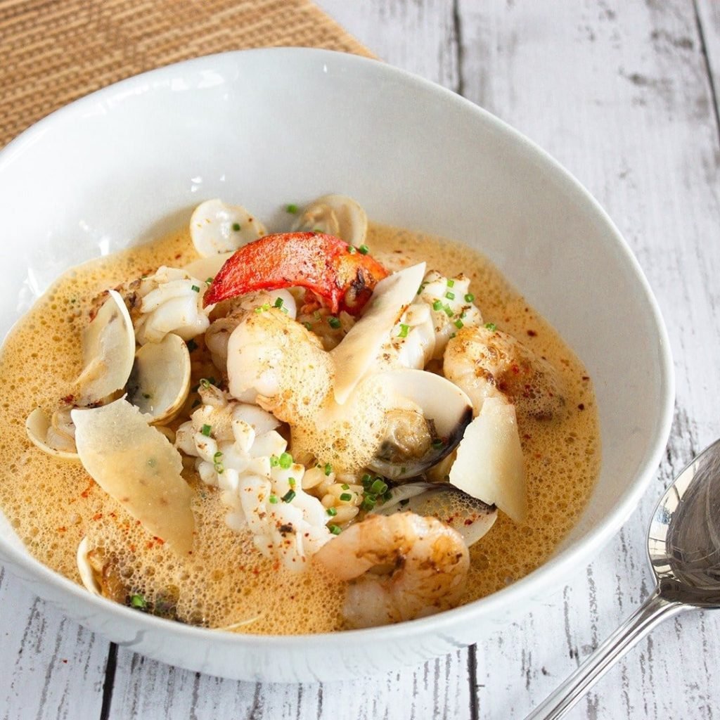 A bowl of creamy seafood risotto from Bistro G