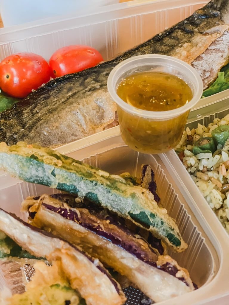 Love U Food takeaway bento box with grilled mackerel, tempura vegetables