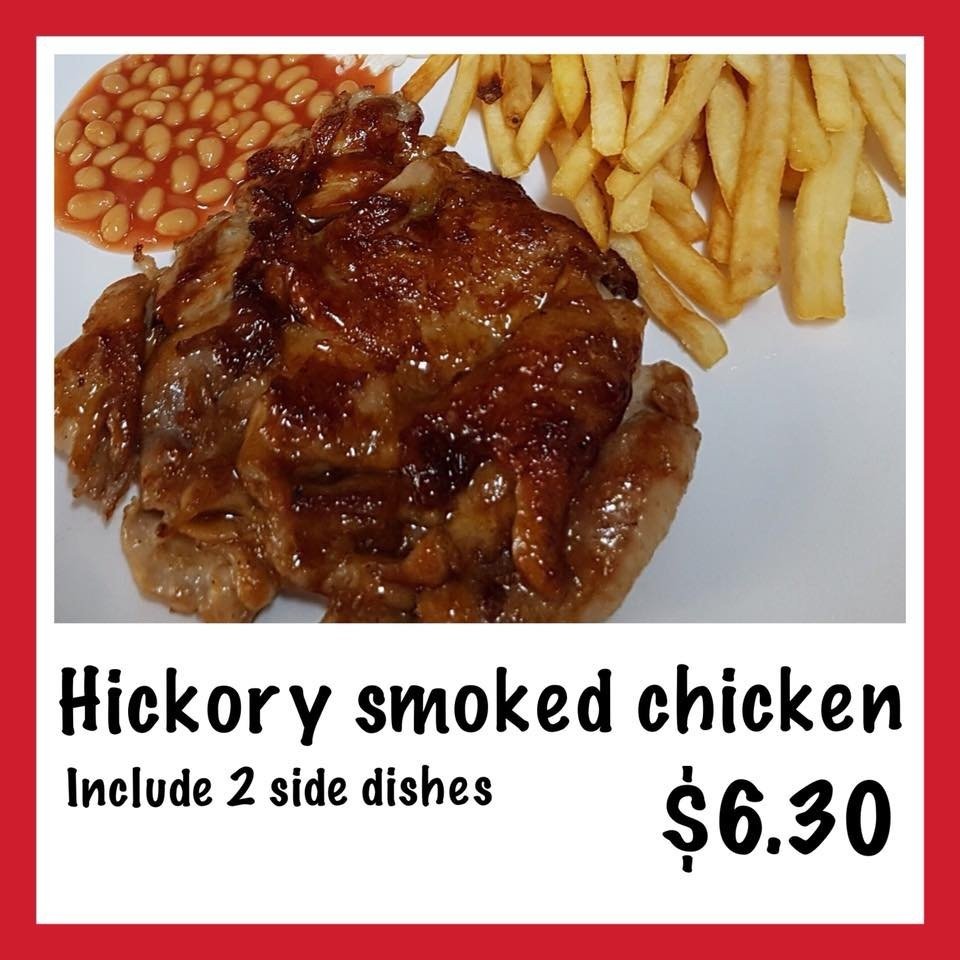 Promotional image for Nifty Grill Western Food's 'Hickory smoked chicken' meal for $6.30, including 2 side dishes.