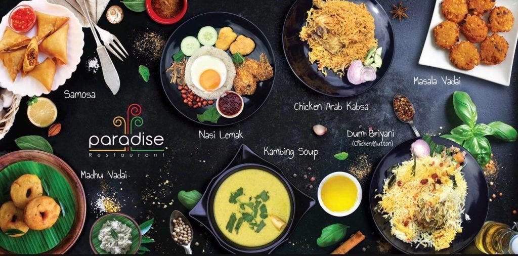 A menu advertisement for Paradise Restaurant displaying an assortment of Indian and Malay dishes like Nasi Lemak, Briyani, Kabsa, Samosa, Vadai, and Kambing Soup