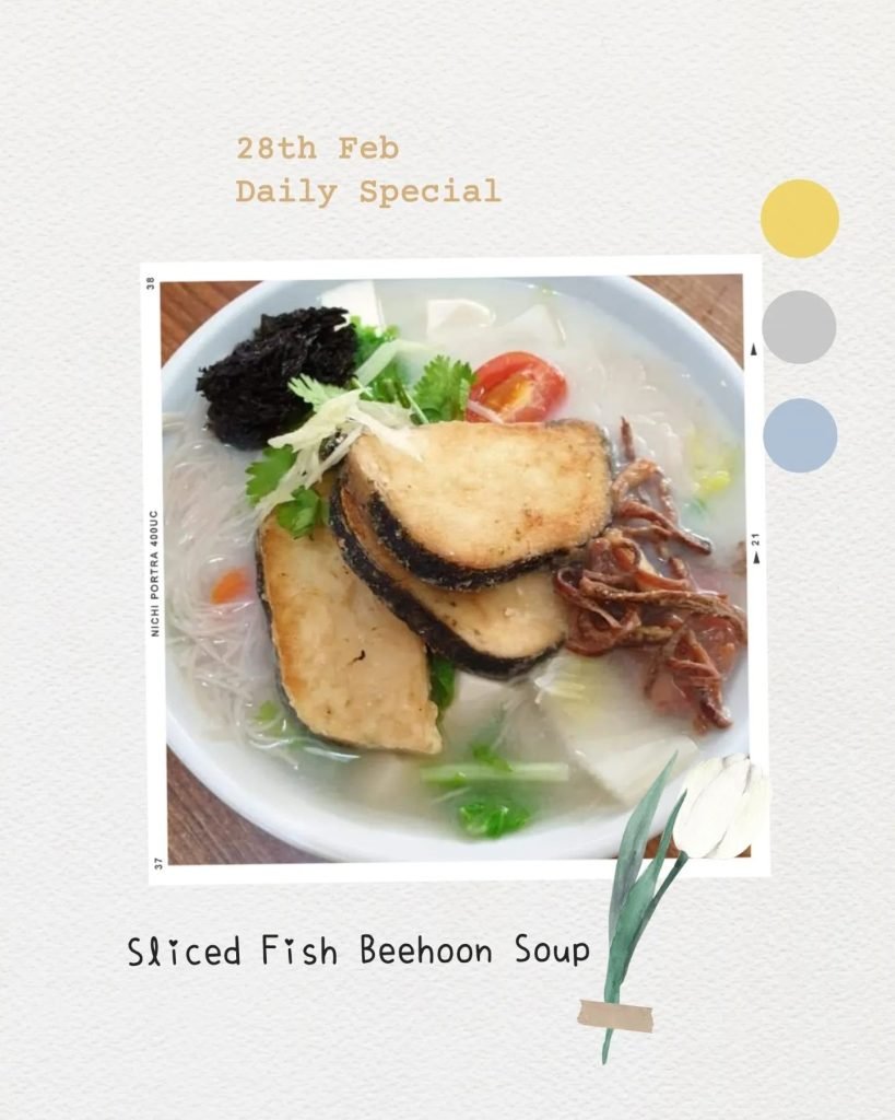 Piore's 'Sliced Fish Beehoon Soup' daily special for February 28th, featuring fried fish, rice noodles, and various toppings in a broth, presented in a decorative, Polaroid-style image