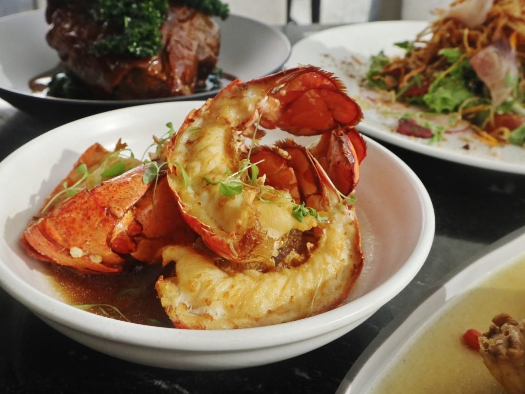 Close-up of a white bowl containing succulent grilled lobster tails and claws in a light sauce, garnished with microgreens, as part of a fine dining meal at QIN Restaurant & Bar.