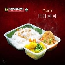 Sakunthala's Restaurant 'Curry FISH MEAL' presented in a takeaway container with rice on a banana leaf, fish in curry sauce, and mixed vegetables.