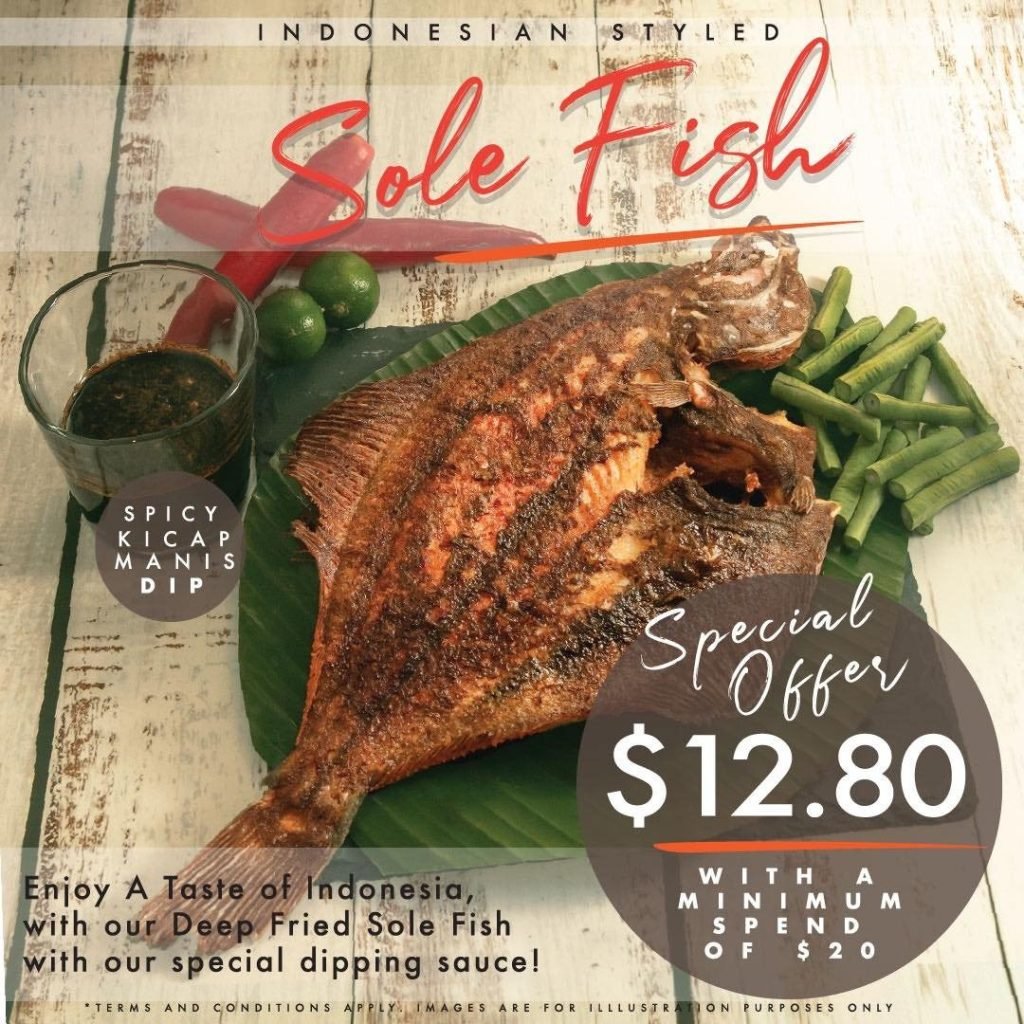 Ad for deep-fried sole fish, Indonesian style, priced at $12.80 (min. spend $20), shown with dipping sauce and vegetables.