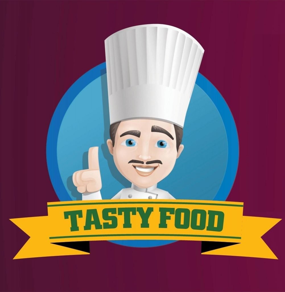 Logo for Tasty Food Catering featuring a cartoon chef in a tall white hat, smiling and pointing upwards
