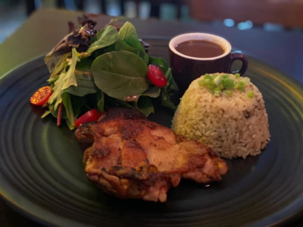 Grilled chicken thigh with seasoned rice, salad, and gravy on a dark plate.