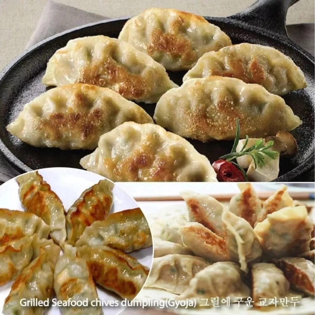 Promotional collage of Grilled Seafood chives dumplings (Gyoza)