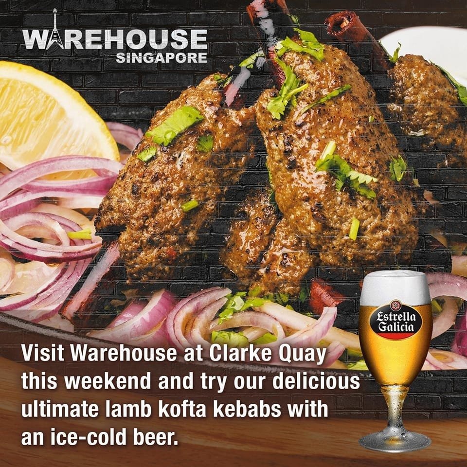 Warehouse Singapore ad for lamb kofta kebabs and Estrella Galicia beer, inviting customers to their Clarke Quay outlet.