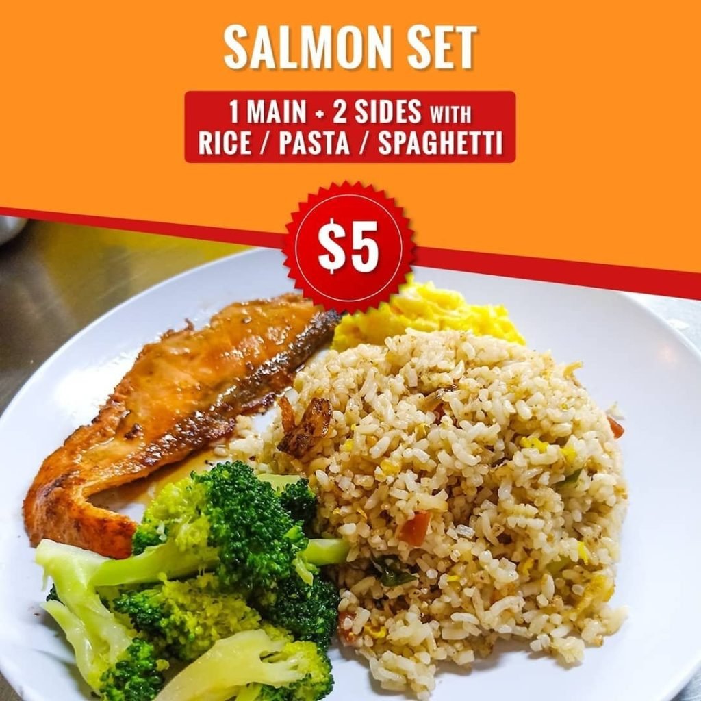 Salmon set meal for $5, featuring a salmon fillet, fried rice, and broccoli