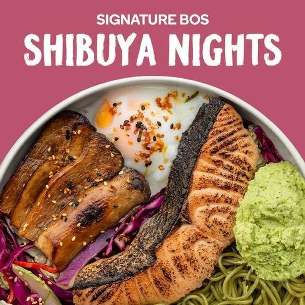 Signature Bos 'Shibuya Nights' bowl with grilled salmon, egg, mushrooms, green noodles, and green puree