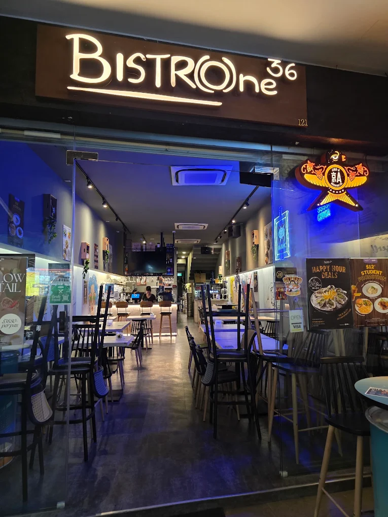 Entrance to BistrOne36, a cozy bar and bistro in Singapore