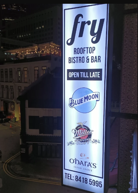 Exterior signage for FRY Rooftop Bistro & Bar in Singapore