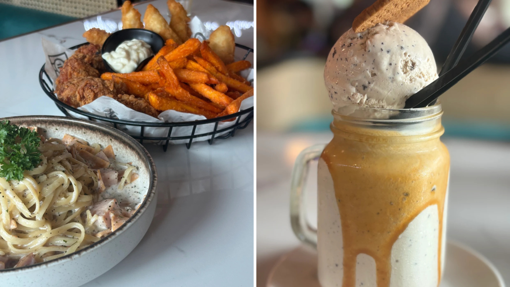 fries, spaghetti, and ice blended drink
