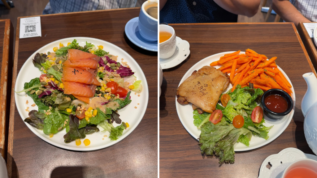 side by side images of fish and chicken dishes