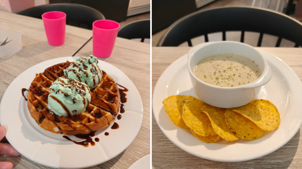 waffles and mushroom soup with chips